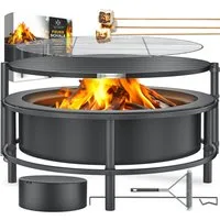 KESSER Feuerschale Ø65cm Feuerstelle aus kaltveredeltem Stahl mit 0,6mm Stahldicke, (Feuerkorb inkl Grillrost, Feuerhaken aus Gusseisen, Bürste & Abdeckung), Feuertonne mit Rad & Feststell-Bremse, Lagerfeuer mit Holz & Kohle