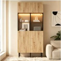 Merax Vitrine mit LED-Beleuchtung, Wohnzimmerschrank in Naturholzoptik & Schwarz (Aufbewahrungsschrank mit Metallbeinen, 1-St., 80x35x180 cm) Hochschrank mit Glastüren, 10 Fächern & verstellbaren Glasböden