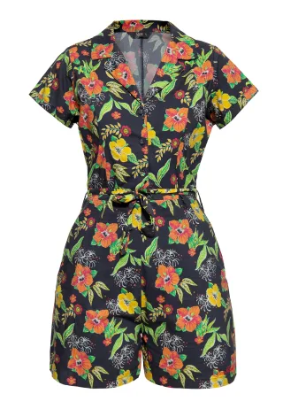 Queen Kerosin Damen Blusen Jumpsuit Hibiscus Black schwarz