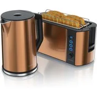 Arendo Frühstücks-Set Edelstahl Wasserkocher 1,5l, 4-Scheiben Langschlitz Toaster, Kupfer (2-tlg), BPA-frei, GS-geprüfte Sicherheit, perfekt fürs Familienfrühstück