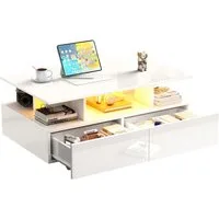 Merax Couchtisch hochglanz Sofatisch Beistelltisch mit LED-Beleuchtung (90x55x41 cm), Wohnzimmertisch mit 2 Schubladen und Stauraum inkl. Fernbedienun