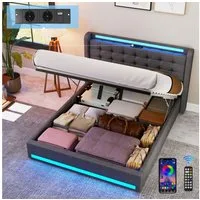 oyajia Stauraumbett LED Hydraulisches Doppelbett 140x200cm mit Ladefunktion (LED, USB- & Typ-C-Ladestation), 90/140/160 x200cm mit Ladefunktion