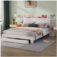 ADWOLT Stauraumbett Weiß Polsterbett Doppelbett mit 2 Schubladen (Set, 1-tlg., Kopfteil mit LED-Beleuchtung und Staufächer), Funktionsbett Bettgestell, Samtstoff, Ohne Matratze, 140x200cm
