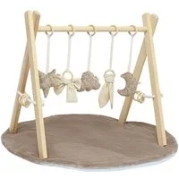 LuMali Baby Gym Holz Spielbogen klappbar 5 Spielzeuge Matte 41x58x49cm Naturholz, (5 sensorische Anhänger 2 Baumwollschnüre Montageset), Spieltrapez Neugeborene sensorisch Spielmatte 78cm wendbar ab Geburt