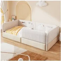 Merax Polsterbett mit Samtbezug & PU-Untergestell (1-tlg., Kinderbett Bodenbett Babybett), Plattformbett 90x200cm mit Schutzgitter & 4 Aufbewahrungstaschen