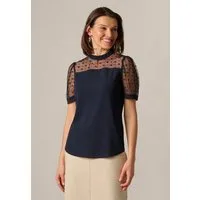 Adrianna Papell Kurzarmbluse Floral Mesh Yoke & Short Sleeve Ruffle Neck Top Verspielte Kurzarmbluse mit Rüschen am Ausschnitt