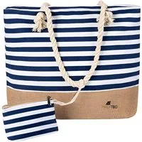MALATEC Strandtasche Picknicktasche Marine Tasche (Spar-Set, 2-tlg., Blau, weiß, Marine), eine zusätzliche Außentasche für wertvolle Gegenstände
