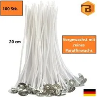 Bienenbiya Kerzenhalter Kerzendochte 100 Stk. 20 cm lang mit Metallfuß (100% natürlich aus Baumwolle, 100 St., Candle Wick, Runddocht, Teelichtdochte für DIY Kerzenherstellung), Rauchfrei, ohne gefährliche Stoffe