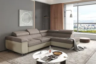 Ecksofa Sofa JADE Stoff Monolith Creme-Grau mit Schlaffunktion Ottomane Rechts