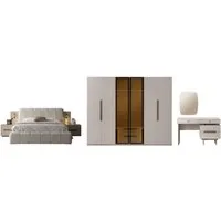 Villa Möbel Schlafzimmer-Set Maldiv, (Schlafzimmer-Set, 5-tlg., Bett mit Kopfteil, 2 Nachttische, Kleiderschrank und Kommode), Bettanlage mit Stoffbezug ruhige Optik pflegeleicht im Alltag