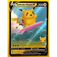 The Pokémon Company International Sammelkarte Pokemon Karte 25th Jubiläum ULTRA RARE FULLART - Surfendes Pikachu V E