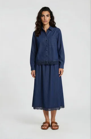 Milano Italy - shirt with chest pocket lace at hem 1/1 sleeve dark denim - Gr. - 42