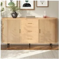 Merax Sideboard mit 2 Schiebetüren, 3 Schubladen & Metallgriffen (Wohnzimmerschrank Aufbewahrungsschrank Buffet, 1 St., 160 L x 40 B x 80,5 H cm), Kommode mit vertikaler Rillenstruktur, gebogenem Design,Eisenrohrfüßen