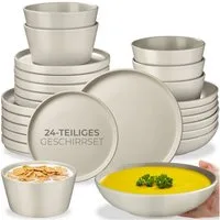 tectake Geschirr-Set Tafelservice aus Steingut für 6 Personen, ineinander stapelbar (24-tlg), 6 Personen, Steingut, im Urban-Style, mit Glasur, spülmaschinen- und mikrowellengeeignet
