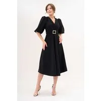 WOMAN VISION Midikleid Kurzärmeliges, tailliertes Midikleid mit V-Ausschnitt und ausgestellte