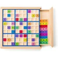 Woodyland Lernspielzeug 92223 Sudoku Brettspiel mit bunten Zahlenplättchen, jede Zahl eine andere Farbe. Ausziehbares Aufbewahrungsfach