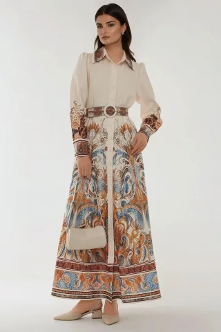 Bedrucktes Maxi-Kleid mit langem Arm und Gürtel