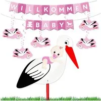 BRUBAKER Girlande Willkommen Baby Girlande + Großer Storch aus Holz für Jungen & Mädchen, Baby Deko Set - Wimpelkette mit Anhängern und Klapperstorch - Deko