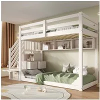 Flieks Etagenbett, Kinderbett 90x200cm mit Stauraumtreppe Ablagefächern & Geländer