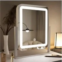 WDWRITTI Schminkspiegel mit beleuchtung, USB-Ladeanschluss, Handyhalterung LED Kosmetikspiegel (Tischspiegel Rechteckig, 3Lichtmodi+Dimmbar+Memory), 360°Drehbar, mit Netzadapter
