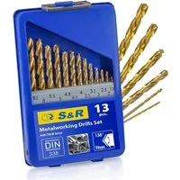 S&R Metallbohrer Bohrerset HSS-G, Präzisionsbohrer für Edelstahl, Gusseisen und Eisen, (Set, 13-tlg. von 1,5 bis 6,5 mm), Titanbeschichtet mit konischem Oberflächenschliff
