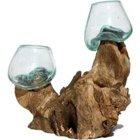Wogeka Dekovase Doppel Glas-Vase auf Wurzel-Holz Gamal Teakholz