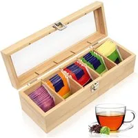 BlingBin Teedose Bambus Teebox mit 5 Fächern und transparentem Acrylglasdeckel, Bambus, (1 Stück, 1-tlg., Außenmaße (L × B × H): 30 × 10 × 19 cm), platzsparende Aufbewahrungsbox für bis zu 100 Teebeutel &  Kaffeebeutel