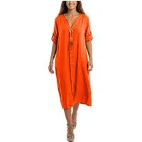 dy_mode Hemdblusenkleid Damen Leinenkleid Midi Hemdblusenkleid mit V-Ausschnitt Freizeitkleid in Unifarbe, V-Ausschnitt, mit seitlichen Eingriffstaschen