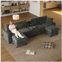 Merax Ecksofa 4-Sitzer U-Form Sofa mit 2 Hockern, 1 Teile, mit Bettkasten, Couch, Cord Stoff