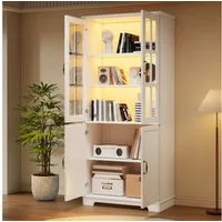REDOM Vitrine Weißer Vitrinenschrank 80x38x180 cm mit Glastüren (Packung, 1-St., 5 Ablagen, Kombi aus offenen & geschlossenen Fächern) mit LED, Vielseitiger Hochschrank als Bücherregal & Stauraum