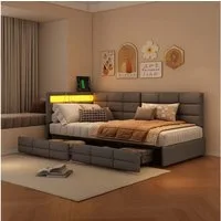 Gdood Polsterbett Doppelbett Daybett Tagesbett LED (Mit Steckdose & USB & TYPE-C, Hydraulisch hebbarer Stauraum, Geeignet für Jungen und Mädchen), Schlafsofa, Mit LED-Beleuchtung, Ladefunktion, Leinen, 90x200 cm