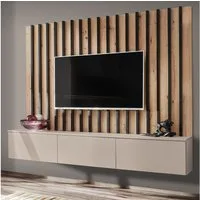 Furn.Design TV-Board Pearl (TV-Lowboard Set mit Rückwandpaneel, Kaschmir / Sand und Eiche Artisan, Breite 180 cm), mit Push-To-Open und echten Lamellen