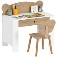 AIYAPLAY Kindertisch mit Tischplatte & Schublade, Bärenform (Kinderschreibtisch Set, 2-St., Kinder Schreibtisch und Stuhl), Jugendschreibtisch für Jungs & Mädchen Naturholz