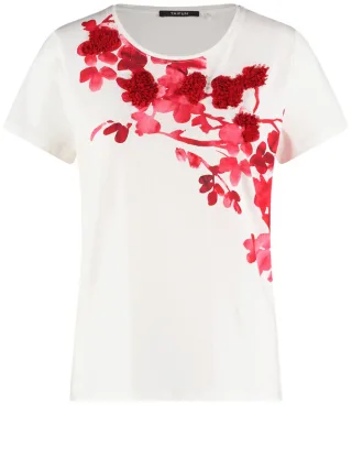 TAIFUN - T-Shirt mit Stoffblüten-Dekor beige/weiß - Gr. - 36