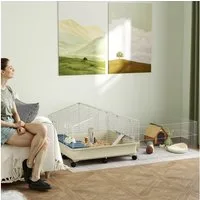 PawHut Kleintierkäfig Kaninchenkäfig mit Wasserflasche, Heuraufe, Futternapf, Rampe, 173 x 88 x 63 cm, Mehrfarbig