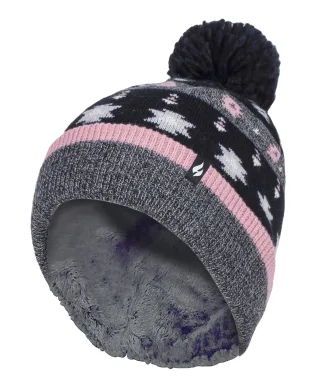 Heat Holders - Ladies Warm Knit Fleece gefüttert Winter Warm Hat mit Pom Pom - Grau / Schwarz