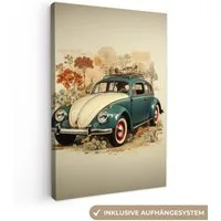OneMillionCanvasses® Leinwandbild Oldtimer - Auto - Pflanzen - Blau - Licht, Fotodruck (1 St), Leinwand Canvas Wandbild, Wanddekoration 20x30 cm