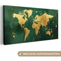 OneMillionCanvasses® Leinwandbild Panorama Weltkarte - Grün - Gold, Fotodruck (1 St), Wandbild, Deko Schlafzimmer Wohnzimmer Flur 40x20 cm