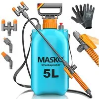 MASKO Drucksprühgerät Drucksprüher säurebeständiges Sprühgerät 5L Füllinhalt Gartenspritze, (Pumpsprühflasche mit verstellbaren Düsen, Schlauch, Gurt & Handschuhe), Reinigungsspritze für Pflanzenschutz, Gartenarbeit & Autopflege