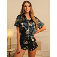 Elegant Love Pyjama Damen Satin Schlafanzug – Kurzarm Nachtwäsche mit Blumenmuster (Set, 2 tlg., Kurzärmliges Oberteil + Shorts) Bequeme Homewear – Loungewear, Sommer-Set