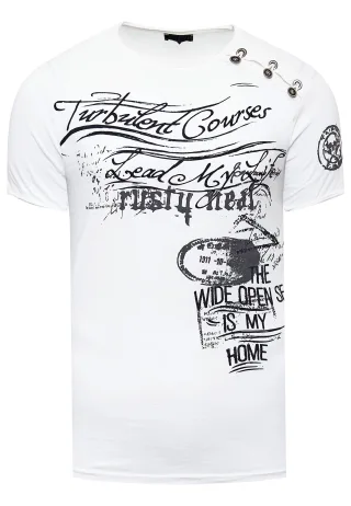 Oil-Washed T-Shirt mit Seitlicher Knopfleiste und Prints