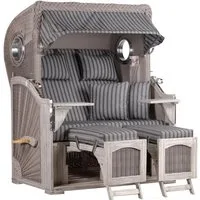 MR.DEKO Strandkorb 2-Sitzer Düne Koboo Graues Holz, Volllieger mit Bullauge, BxTxH: 125x80x170 cm, Volllieger, Düne Grande, (Fertig montierter Strandkorb für Garten, Terrasse & Balkon), Wetterfester Volllieger mit Edelstahlbeschlägen & waschbaren Pol