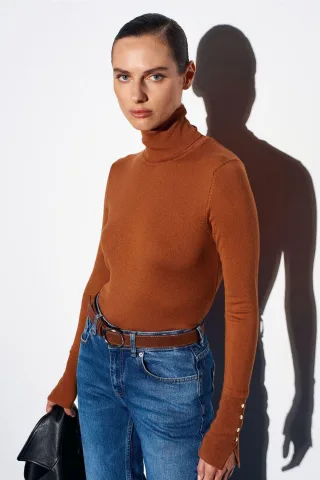 Damen Rollkragen Strickpullover mit Knöpfen