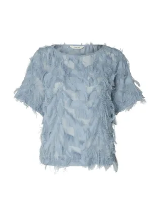 Selected - Kurzarmshirt mit U-Boot-Ausschnitt und Fransen blau - Gr. - 42