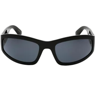Schwarze Moschino-Sonnenbrille mit grauen Gläsern und auffälligem Logo