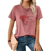 PYLIKE T-Shirt Damen Casual Kurzarmshirt mit Liebesbaum Druck bequemes t shirt Bequem für Freizeit und Büro,Strandurlaub