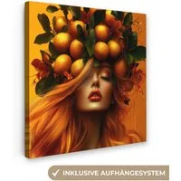OneMillionCanvasses® Leinwandbild Frau - Zitronen - Blüte - Gelb - Küche, Fotodruck (1 St), Wandbild, Deko Schlafzimmer Wohnzimmer Flur 20x20 cm