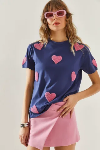 Herz-Muster Besticktes Rundhals T-Shirt