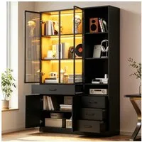 Merax Glasvitrine mit LED, Hochschrank Vitrinenschrank Aufbewahrungsschrank (120x35x200 cm, 1-St., Hochschrank für Wohnzimmer und Esszimmer) Vitrine mit 13 Stauraumbereichen, 4 Schubladen, Glastüren,Unterschrank