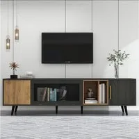 KLAM HOME Lowboard Eleganter TV Lowboard In Grau Mit Holzmaserung (200cm TV Schrank Für Bis Zu 90 Zoll Fernseher), Moderner TV Unterschrank Mit Klapptür Aus Glas